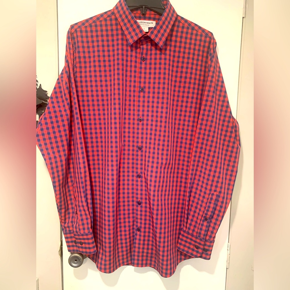 Mizzen + Main Performance Menswear Size L Gingham Plaid Shirt Pink Navy Trim Fit